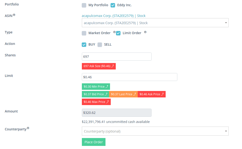 Trading-Interface zum Platzieren von Kauf- und Verkaufsaufträgen